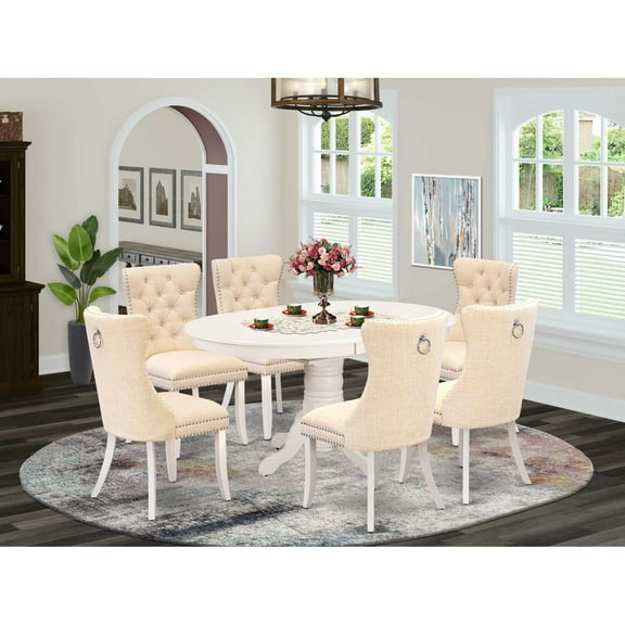 East West Furniture 7-Piece Dining Table Set in Linen White/Light Beige