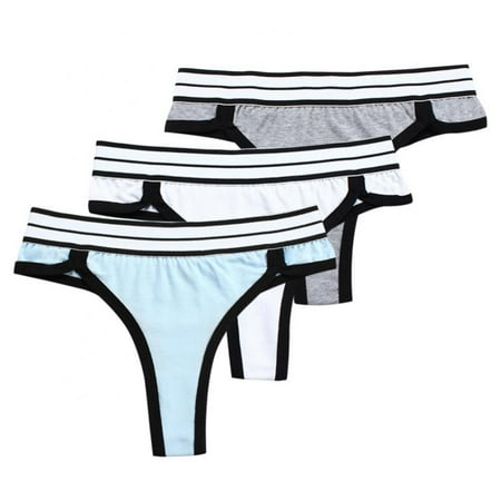 3-Pack Women Widen Elastic Waistband Thong T-back Striped Panties Briefs Low-Rise Panty Ladies Intimates