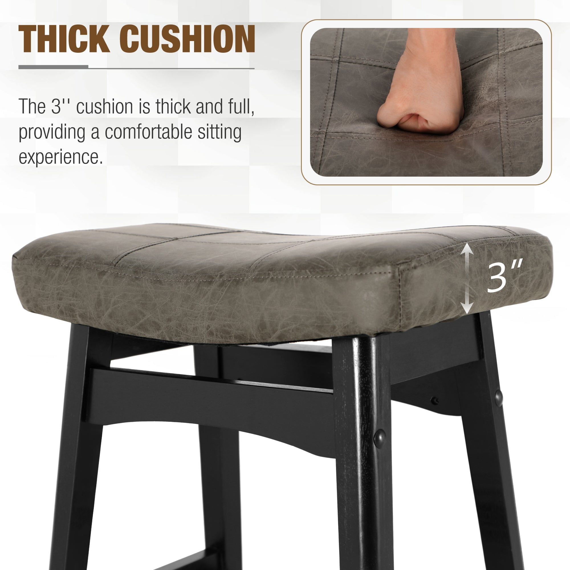 Summit Living 24 inch Wooden Backless Saddle Kitchen Stools Set of 4, Faux Leather Counter Height Stool Chairs, Gray