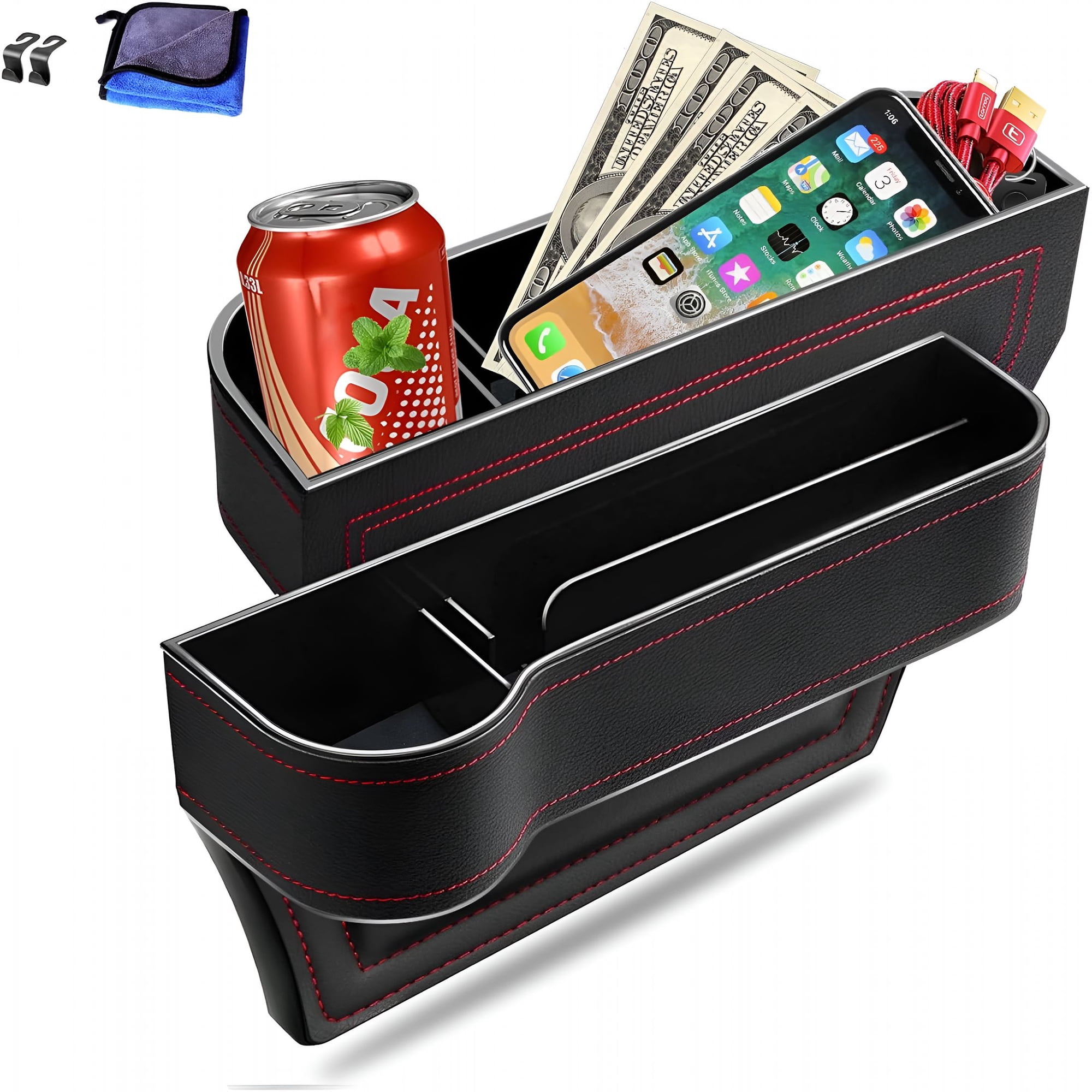 RIONIMA Car Seat Gap Filler Organizer, 2 Pack Multifunctional Car Seat Organizer, Auto Console Side Storage Box with Cup Holders 2 Seat Hooks for Drink, Car Organizer Front Seat for Holding Phone