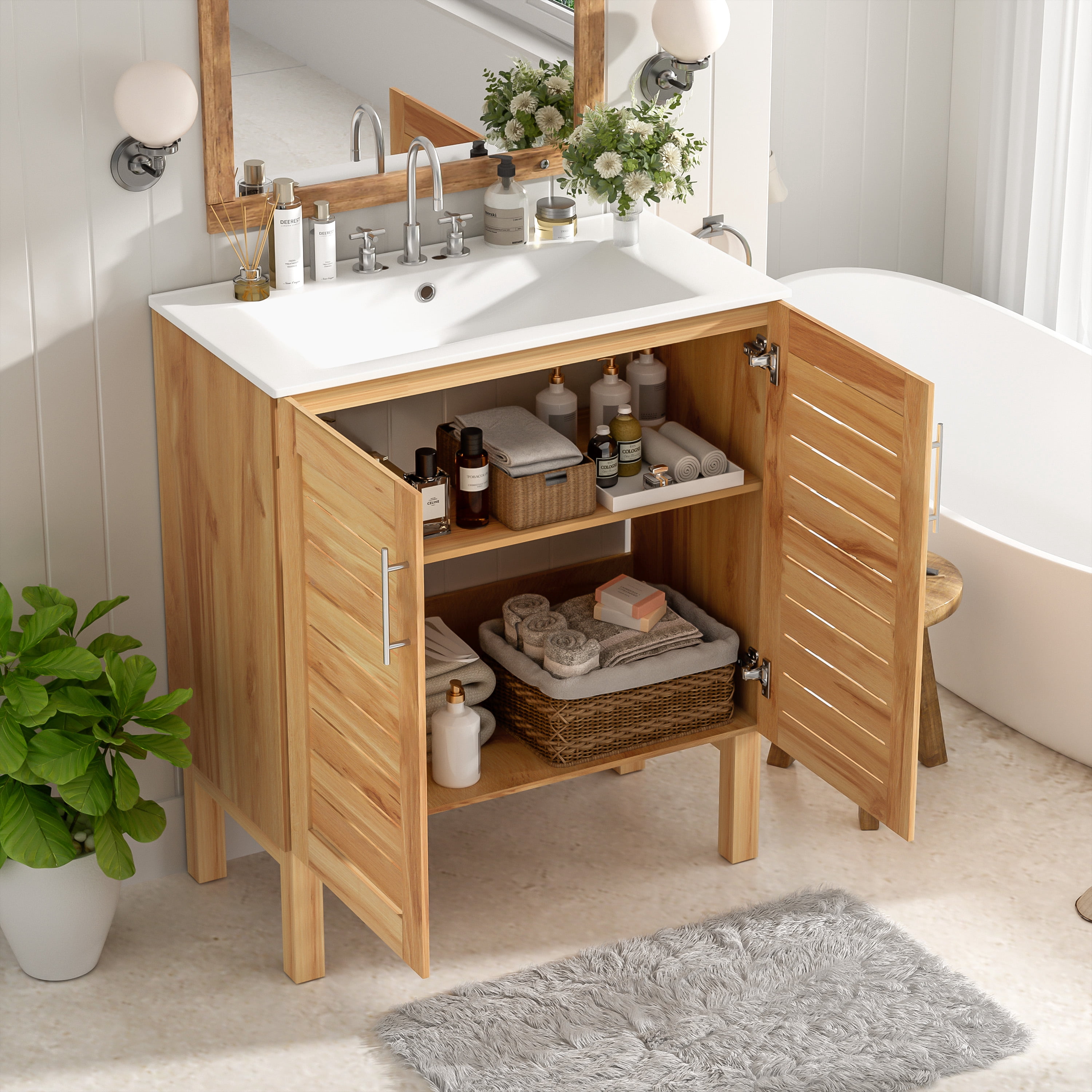 Euroco 30" Mid-Century Modern Antique Bathroom Vanity with Ceramic Sink,Natural Brown