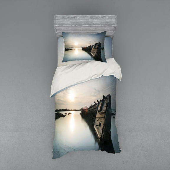 Ambesonne Nautical Bedding Set 3 Pcs, Sinking Boat Sunset, Twin XL, Pale Blue Brown