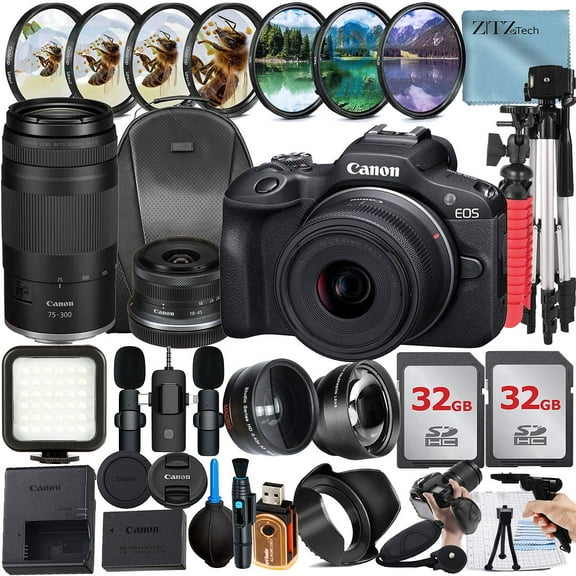 Canon EOS R100 Mirrorless Camera with RF-S 18-45mm Lens   RF 75-300mm Lens   2 Pack 32GB Memory Card   Backpack   Lavalier Microphone   LED Flash   ZeeTech Accessory Bundle (International Version)