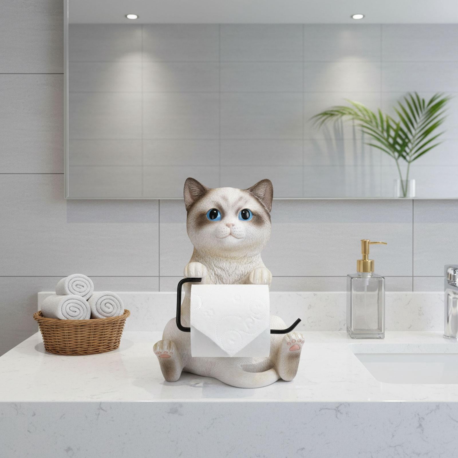 Fiocias Wall Mounted Cat Toilet Paper Roll Holder Bathroom Accessories Premium Resin White