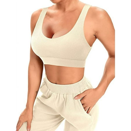 Two Piece Workout Outfits for Women Jogger Sweatpants Sets with Pockets Ribbed Sports Bra Gym Activewear (Beige Small)