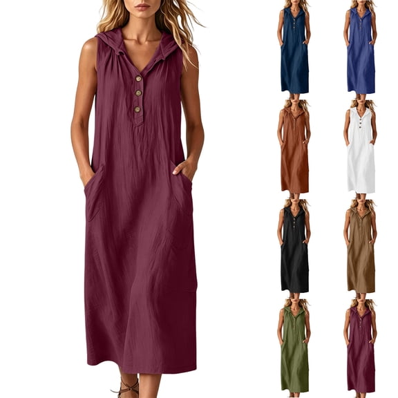 Miluxas Women's Hooded Sleeveless Maxi Dress Buttons Front Work office Casual Loose Shift Dress with Pockets Textured Summer Trendy Outfits White