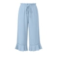 thumbnail image 7 of Qgtaibl Women's Elastic Waist Cotton Capri Pants Fashion Drawstring Ruffle Hem Lounge Cropped Pants Summer Loose Fit Flowy Beach Wide Leg Pants with Pockets Light Blue M, 7 of 7