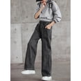 thumbnail image 3 of renvena Kids Girls Elastic Waistband Wide Leg Loose Denim Pants Straight Jean Casual Charcoal Grey 5-6, 3 of 5