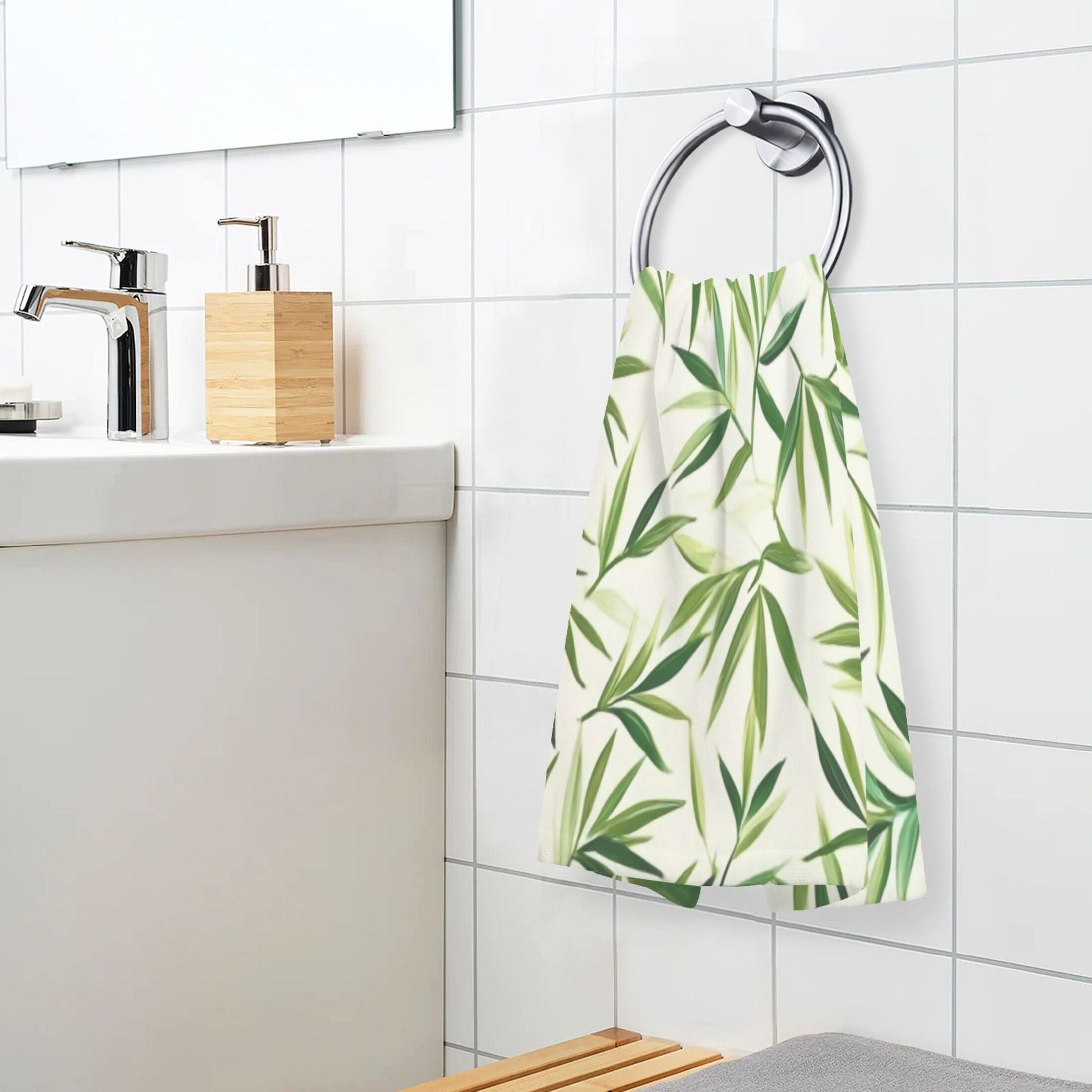 Cotton Towel Two-Piece 16x28 Inch One Sizex2 Face Towel Set Towel Set Cotton Hand Bath Towel Bathroom Beach Beautiful Green Bamboo Leaves