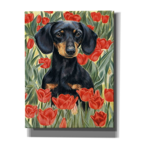 Epic Graffiti 'Dachsund In Tulips' by Barbara Keith, Canvas Wall Art, 26"x34"
