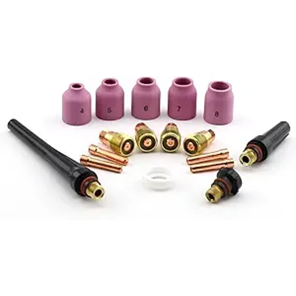 WeldingCity TIG Welding Torch Accessory Kit Stubby Setup (.040-1/16-3/32-1/8) Collet-Gas Lens-Ceramic Cup-Gasket-Back Cap for Torch 17, 18 and 26 Weldcraft Miller Lincoln Hobart ESAB