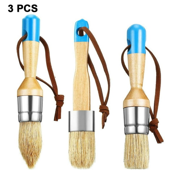 3 Pieces Round Chalked Paint Brushes with Bristles for Stenciling and Home Decor on Wood Furniture.