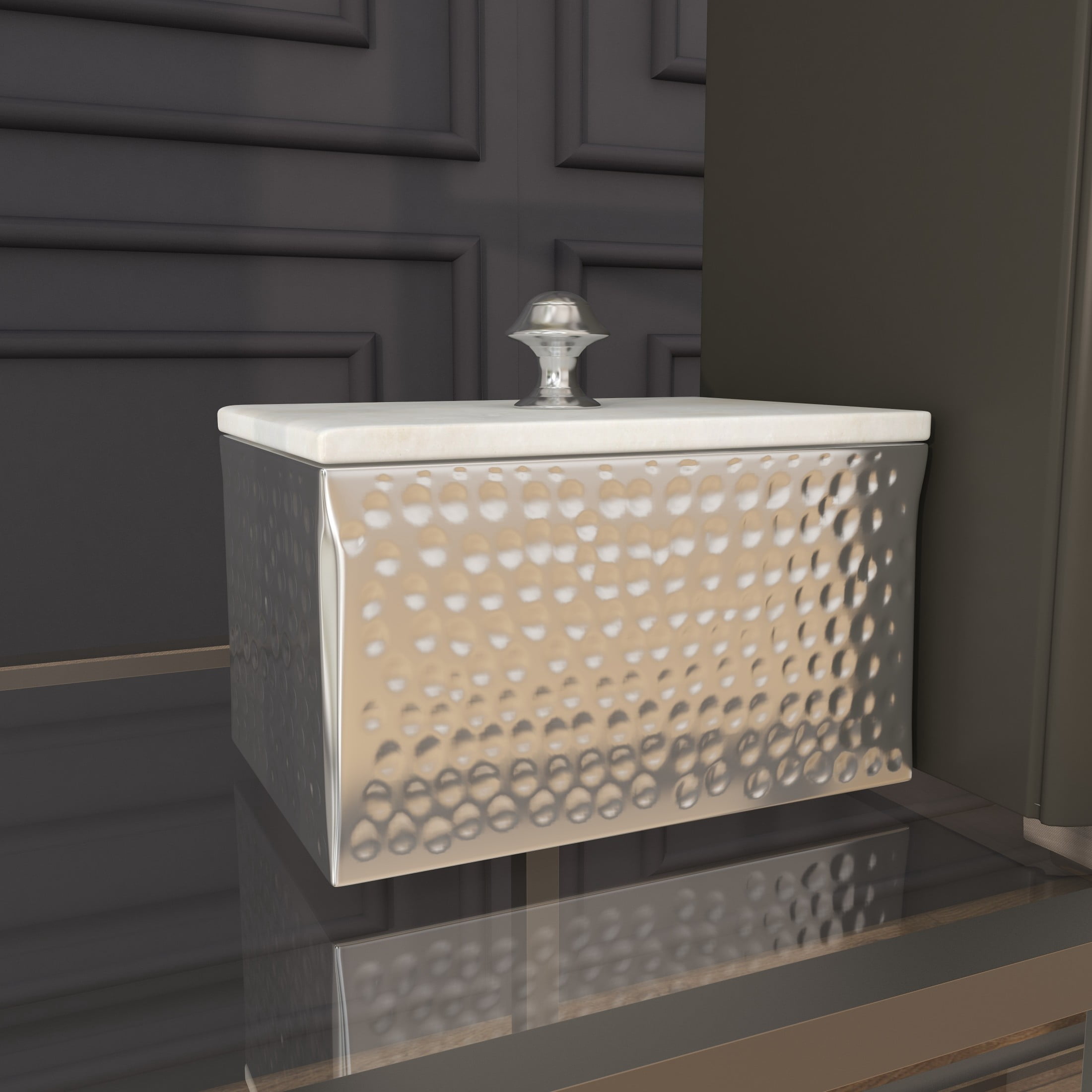 DecMode Hammered Silver Aluminum Metal Decorative Jewelry Box with White Marble Lid