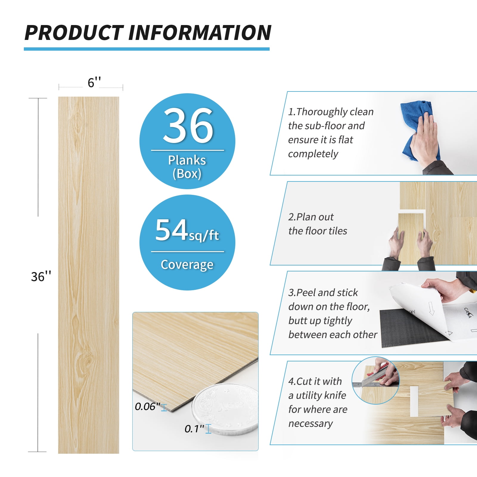 Art3d Vinyl Wood Plank 36" x 6" 36 Packs Self-adhesive Peel and Stick Flooring Tiles-Willow wood