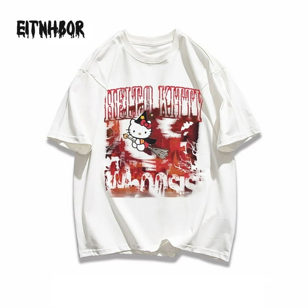 Camiseta Kawaii Hello Kitty Anime Sanrio Y2K algodón puro manga corta moda calle americana Retro suelta amantes Top