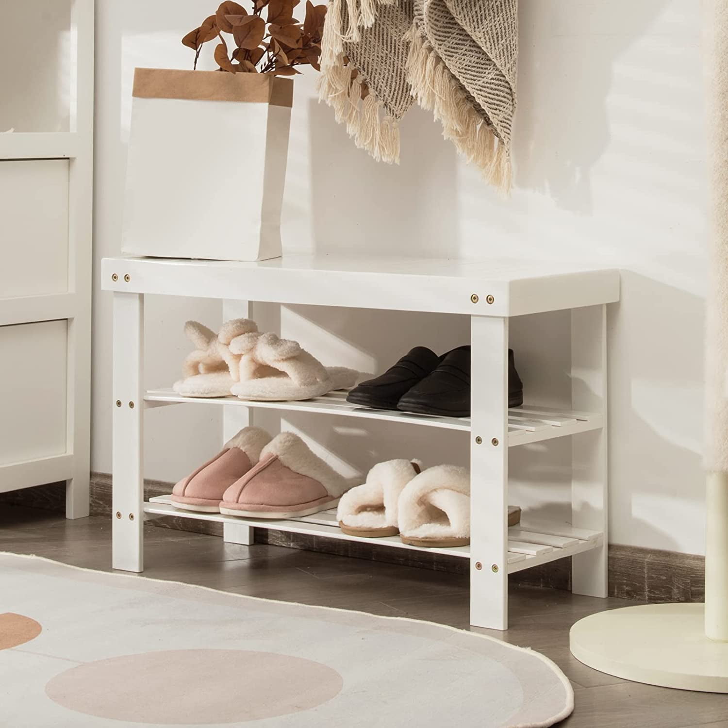 Entryway Shoe Bench Bamboo Shoe Shelf Organizer Holds up to 6 Pairs 3 Tier White Shoe Storage Rack Heels Slippers for Entry Living Room Bathroom White Walmart