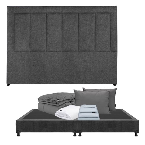 Box Base Cama King Size+Cabecera Davos Gris Carbon+Almohada 2Pack+Protector Cloud+Sabanas Softy+Edredon Homy