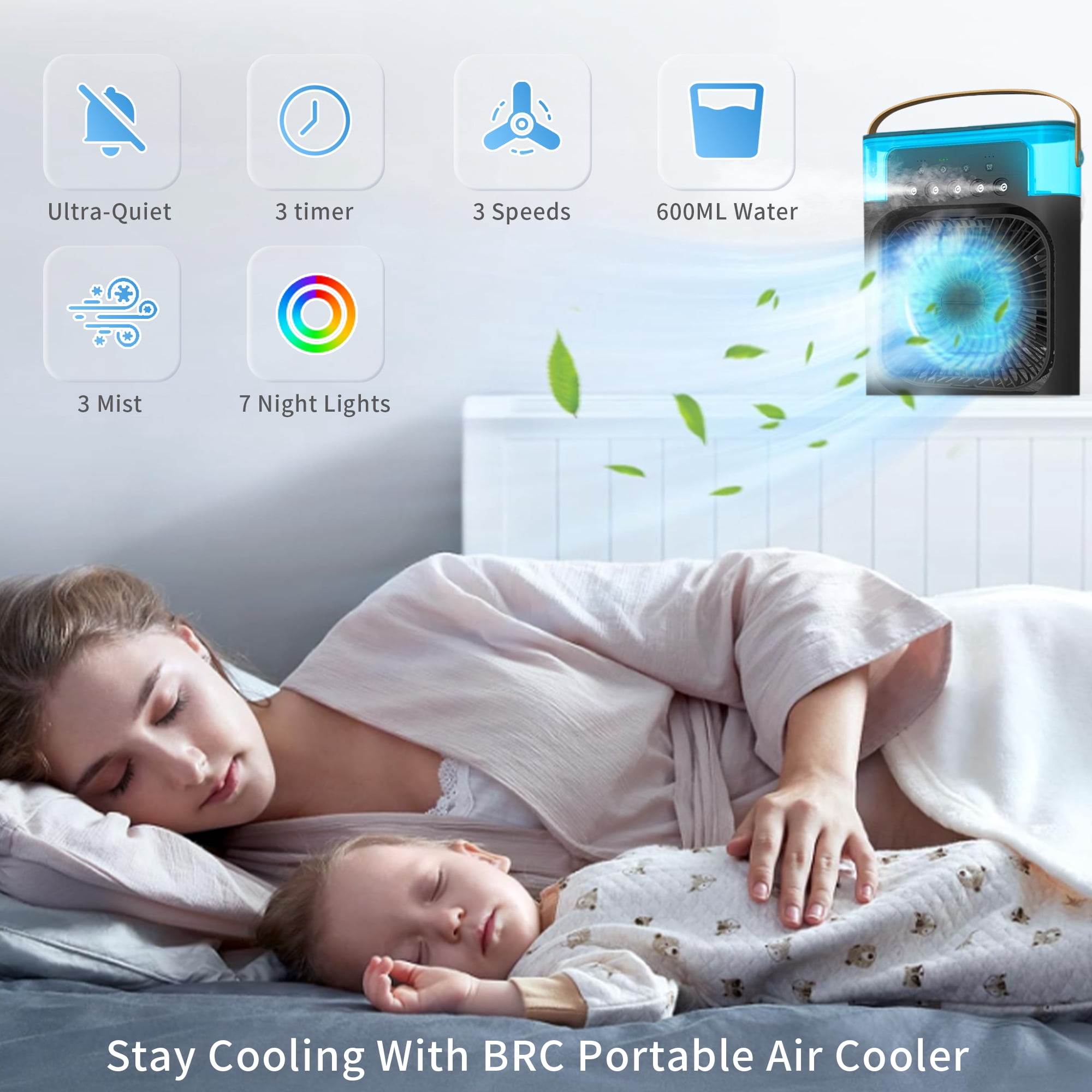 Portable Air Conditioners, Brochao Personal Air Cooler with Timer, 3 Speeds & 7 Colors Nightlight, USB Mini Cooler Fan for Bedroom, Office, Quiet, Black