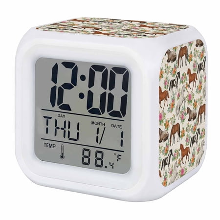 Alarm Clocks Pink Flower Horse Digital Clock 7 Color LED Night Light Silent Non-Ticking Battery Operated Floral Animal Linen Cube Clocks for Bedroom Bedside Living Room Office School Decor