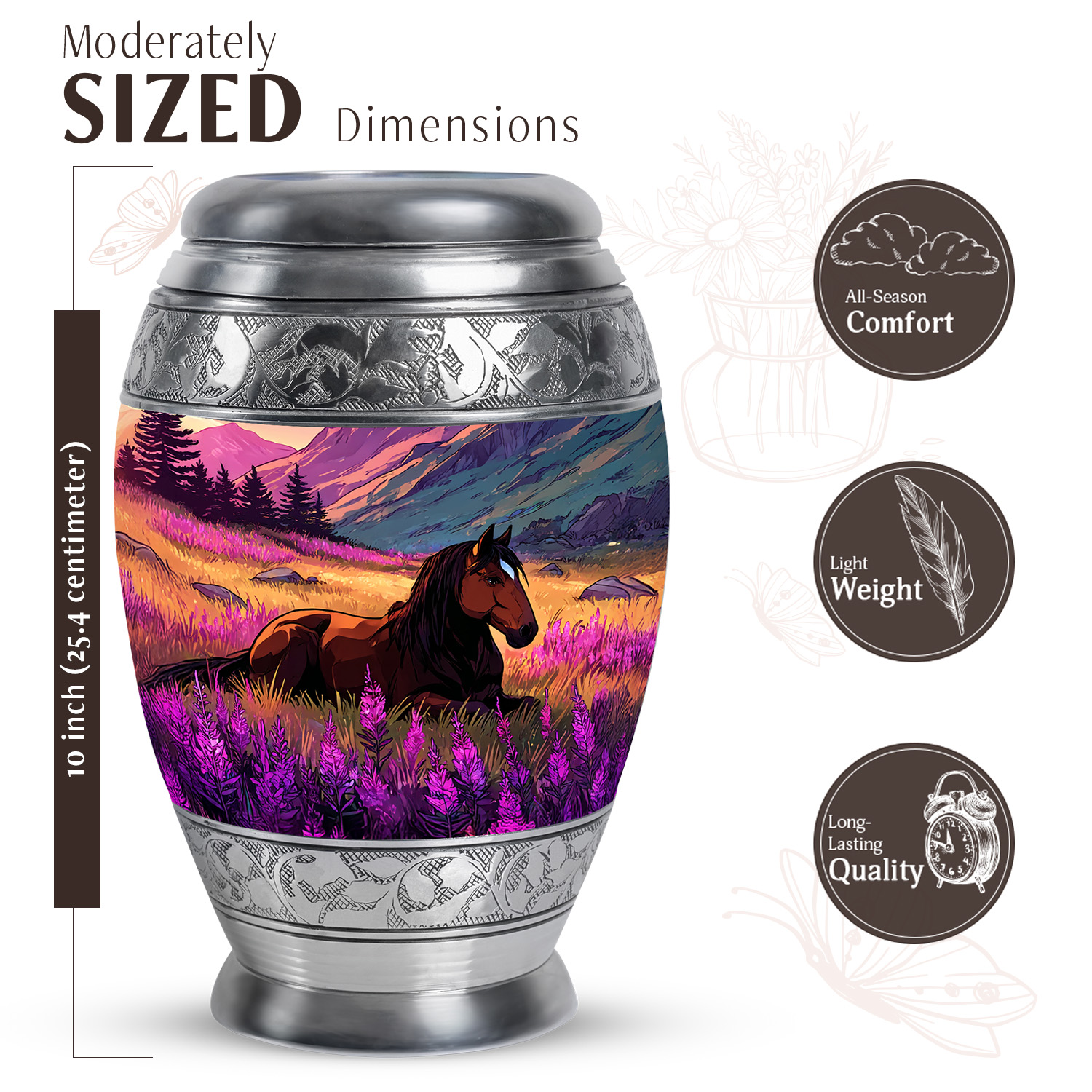 JAGASY Horse Memorial Large Urn for Ashes Adult Male, Dark Blue Urns for Human Ashes for Women, Purple Flowers Decorative Urns for Mother, Mountain Cremation Urn for Father, (10 Inch)