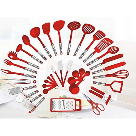 38-piece Kitchen Utensils Set Home Cooking Tools Gadgets Turners Tongs Spatulas Pizza Cutter Whisk Bottle Opener, Graters Peeler, Can Opener, Measuring Cups Spoons (Red)