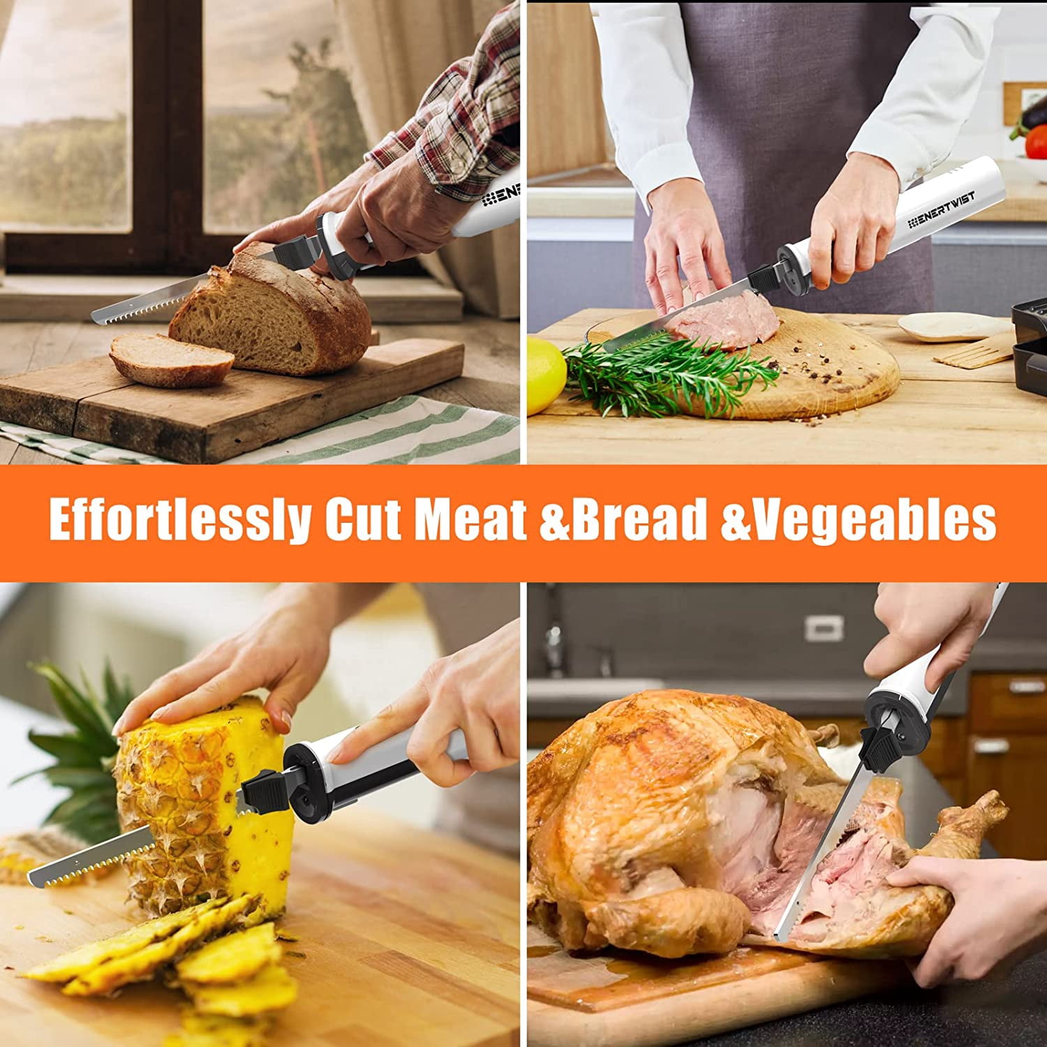 Cordless Electric Knife Carving for Meat Turkey and Bread, 8V Battery Powered Electric Knife with 4 Stainless Steel Blades, Safety Lock