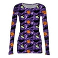 thumbnail image 5 of Womens Halloween Shirts Stretch Crewneck Long Sleeve Knit Tops Pumpkin Bat Print Holiday Tee Top, 5 of 5