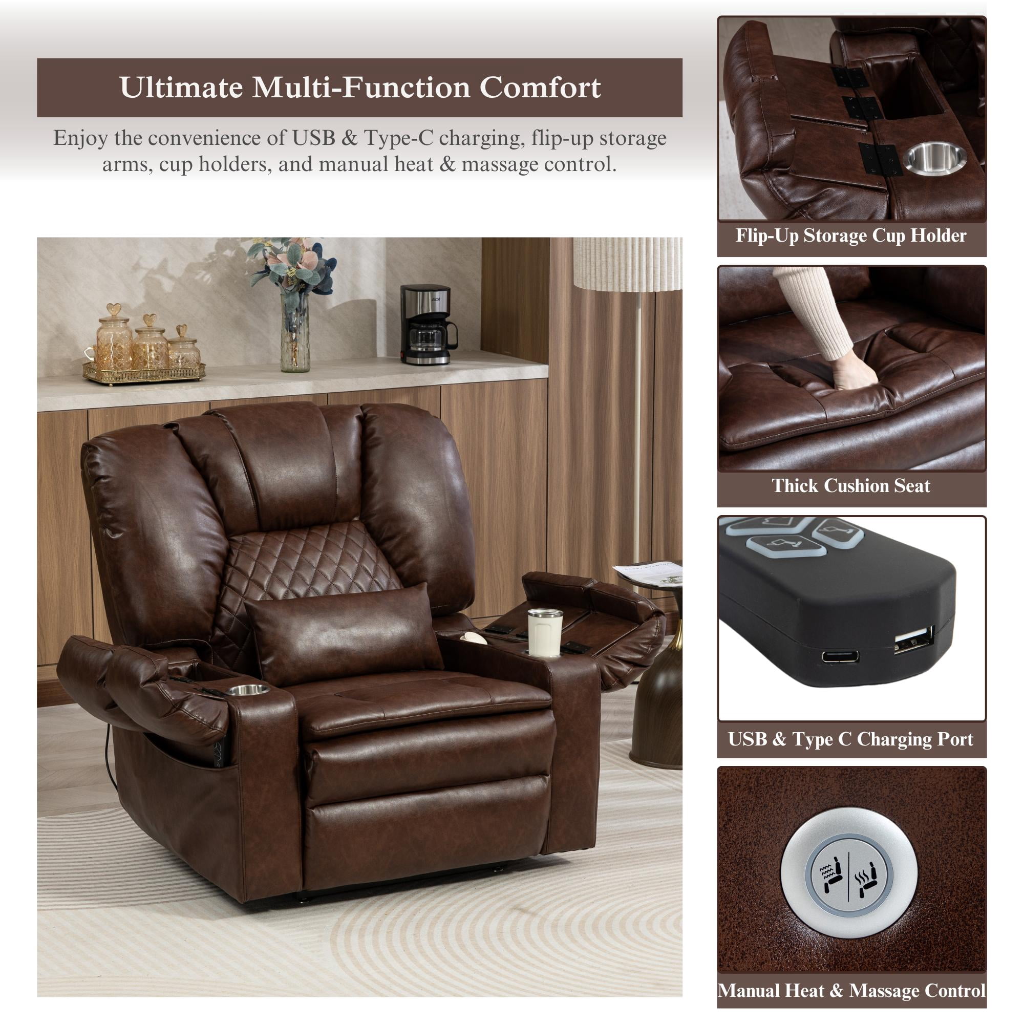 Air Compression Massage Recliner Power Lift Chair for Elderly Adults Big Man Recliners 400 lbs with Heat Arm Storgage Cup Holders Lay Flat Power Recliner with USB Type-C