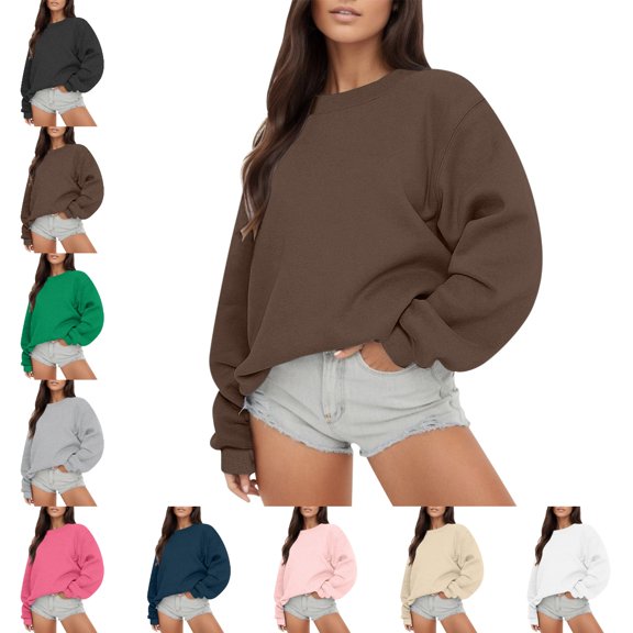 GPOECD Crewneck Sweatshirts Women Long Sleeve Casual Loose Fit Pullover Hoodless Fall Top Solid Color Comfort Style Womens Tops,Brown,XL