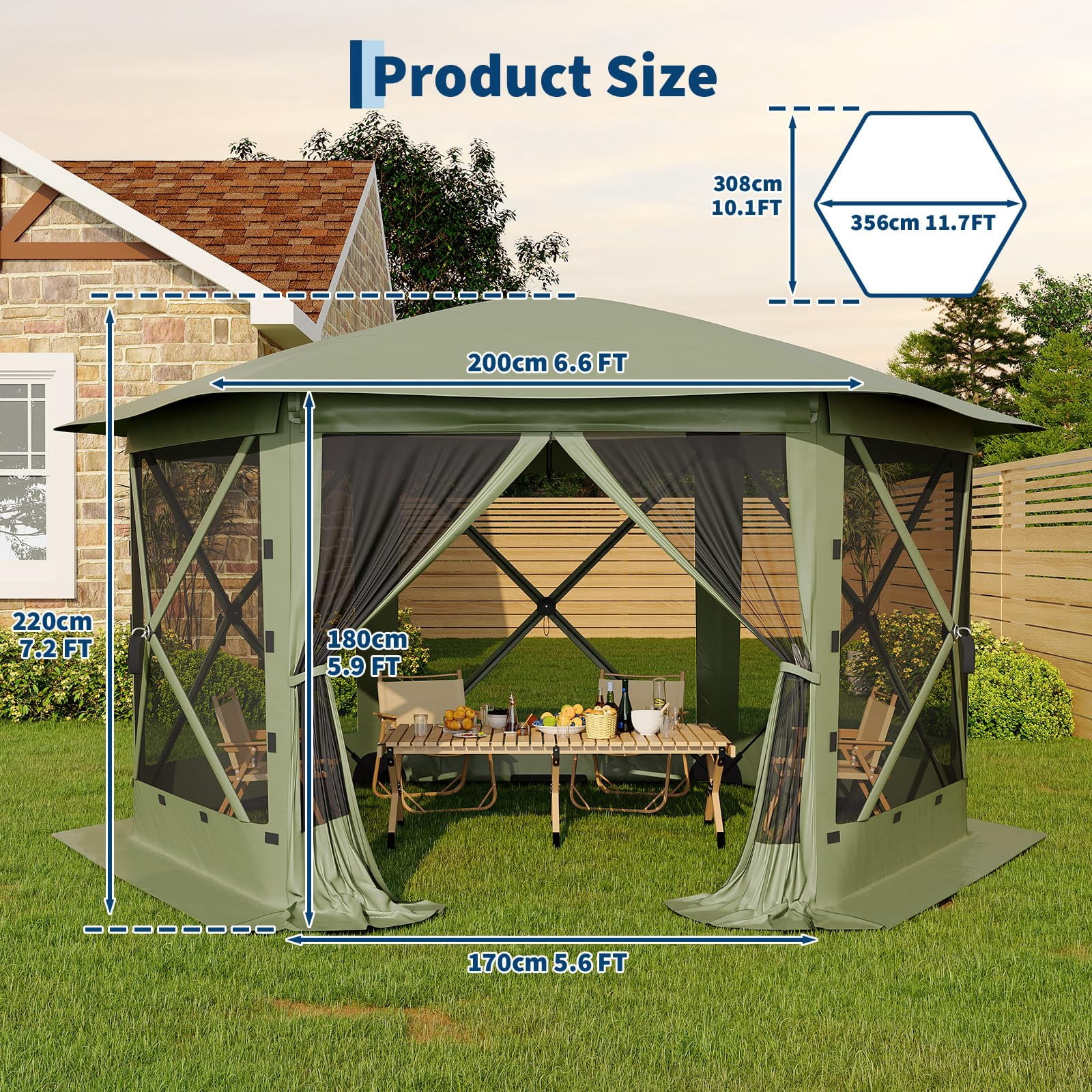 Memoryfield 11.5x11.5 FT Gazebo Pop Up Screen Tent, Quick-Set 6-Sided Outdoor Canopy with Removable Top, Bite-Proof Sun Shade for Camping, Backyard, Patio, Green