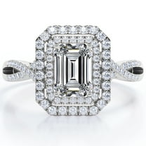 JeenMata Infinity Design - 1.75 Carat Emerald Cut Moissanite - Dual Halo Cluster Engagement Ring - 18K White Gold Plating over Silver