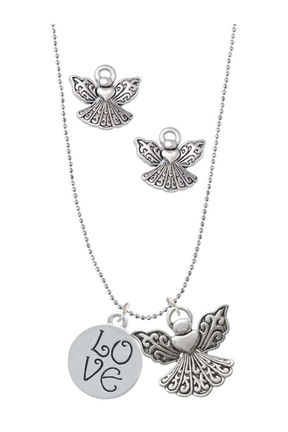 Silvertone Love Circle Silver tone Guardian Angel Charm Necklace and Stud Earrings