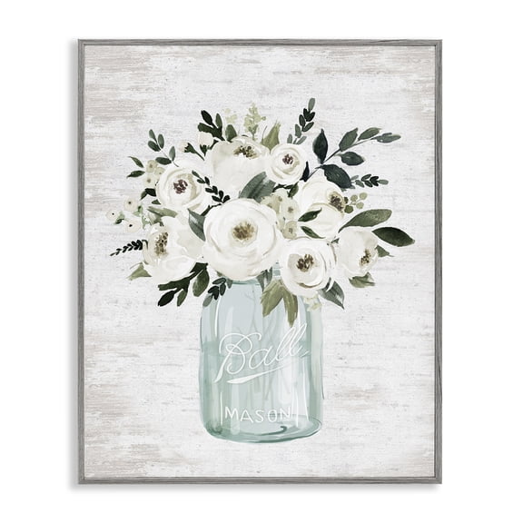 Stupell Industries Farmhouse White Ranunculus Floral Bouquet Blue Canning Jar Gray Framed Giclee Art, 16 x 20, by Lettered and Lined