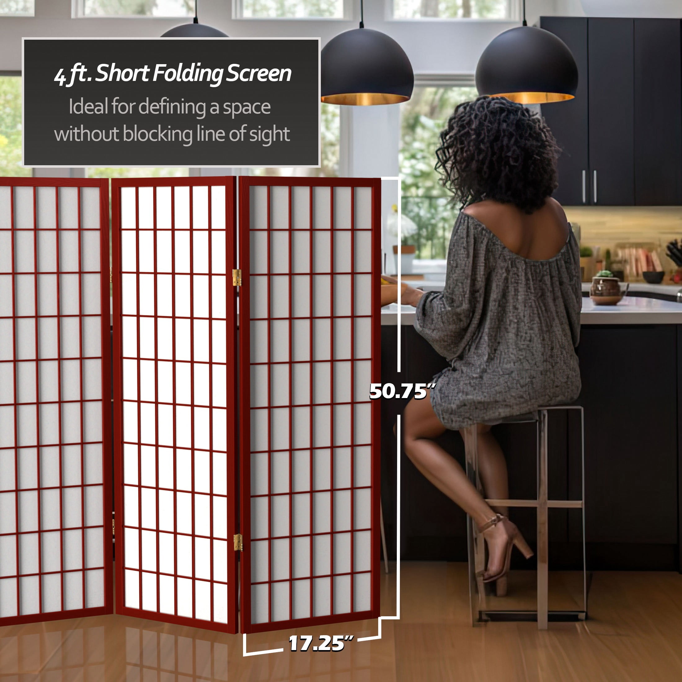 Red Lantern 4 ft. Short Window Pane Shoji Screen - Rosewood - 6 Panels