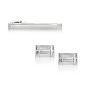 JeenMata Classic Bordered Rectangular Silver Color Cufflinks and Tie Pin Clip Set- Formal Men's Accessories