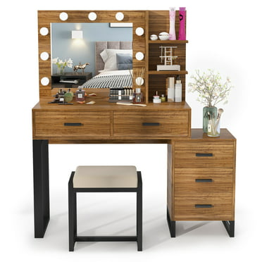 USIKEY Large Vanity Set with 10 Light Bulbs & Cushioned Stool, Makeup ...