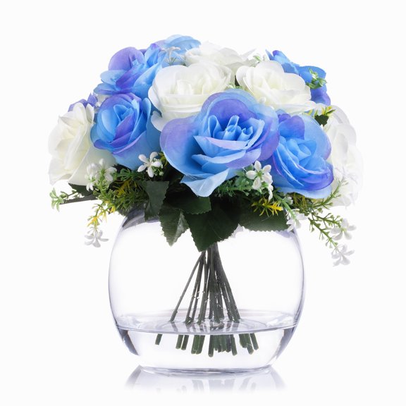 Enova Home Artificial Mixed Open Roses Silk Flowers Arrangement in Clear Glass Vase with Faux Water (Cream Blue)