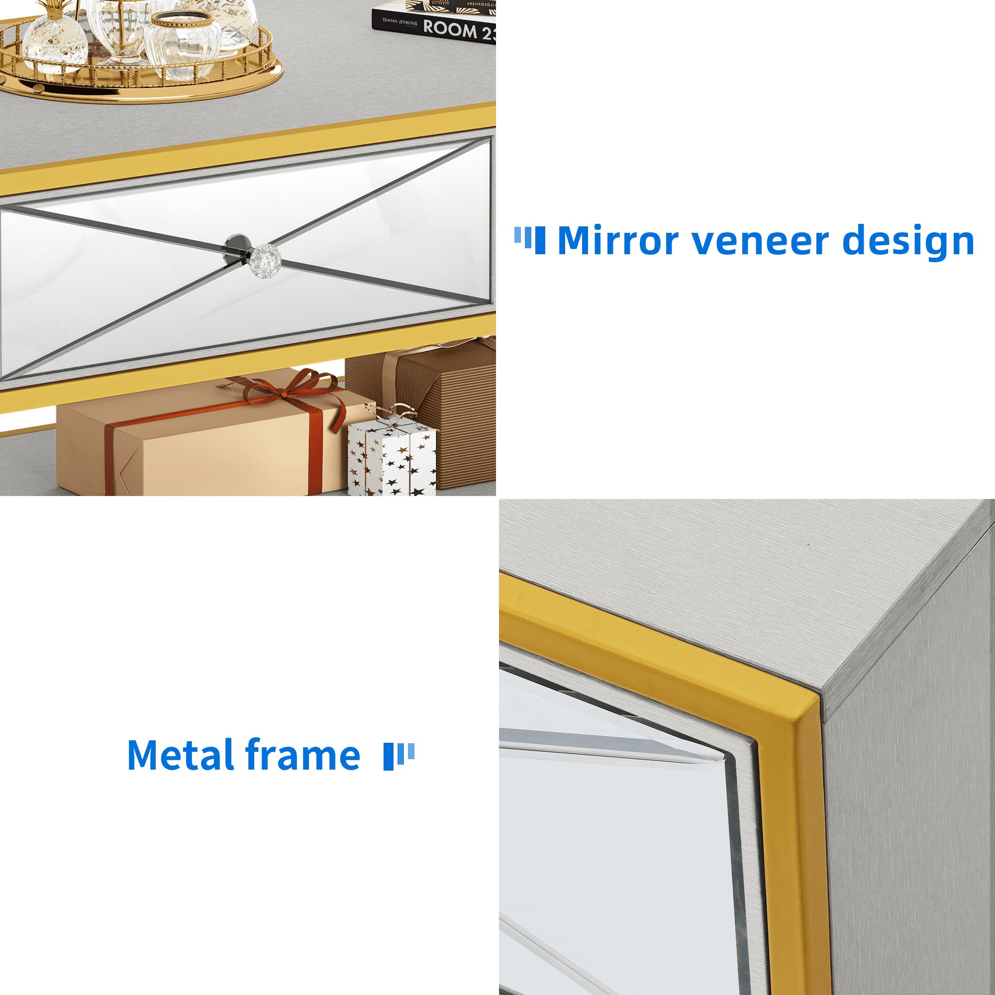 Uforic Modern Coffee Table with 2 Drawers and Open Shelf, Mirrored Rectangle Coffee Table, Mirrored Center Table for Living Room