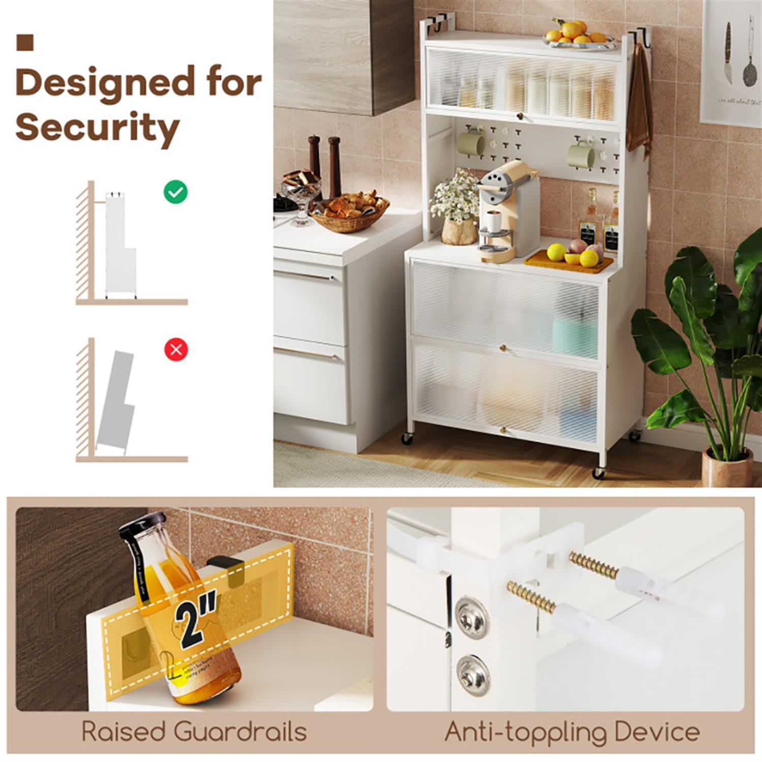 Demi Bonn 5 Tier Bakers Rack for Kitchen with Lights and Storage, Coffee Bar with Flip Door Cabinets, Multifunctional Microwave Stand Kitchen Storage Shelf, White