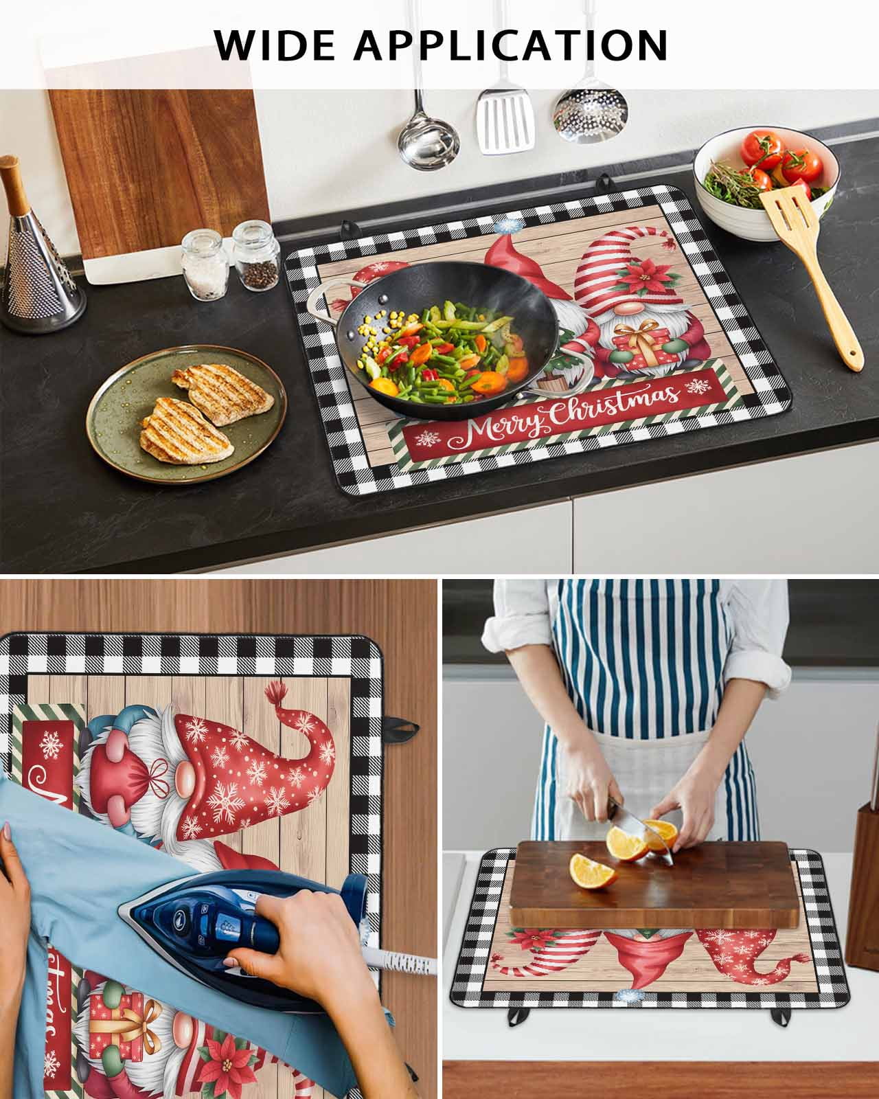 Large Induction Cooktop Protector Mat Christmas Stove Top Covers for Electric Stove, Gnomes Poinsettia Wooden Grain Black Check Decorative Stove Burner Cover Mats, Glass Top Stove Cover