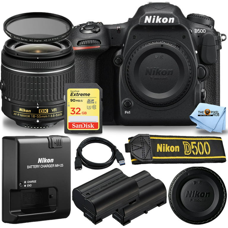 Nikon D500 DSLR Camera with AF-P DX NIKKOR 18-55mm VR Lens Bundle Includes:  Extra Battery, Extreme 32GB SD and FREE UV Filter 