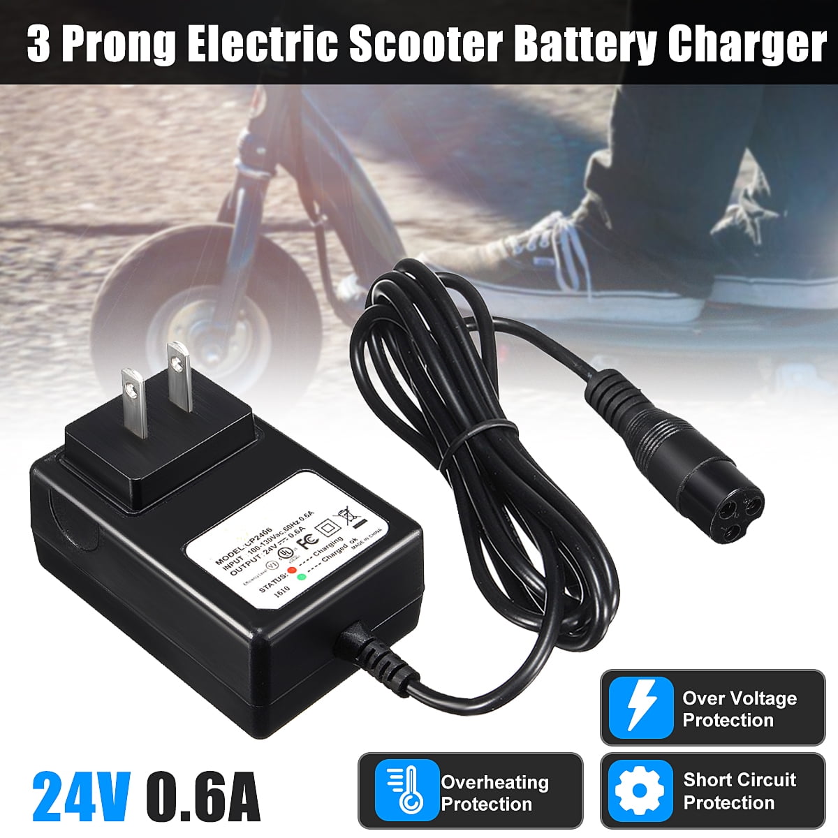 24V 0.6A 3Prong Electric Scooter Battery Charger For Razor E100 E125