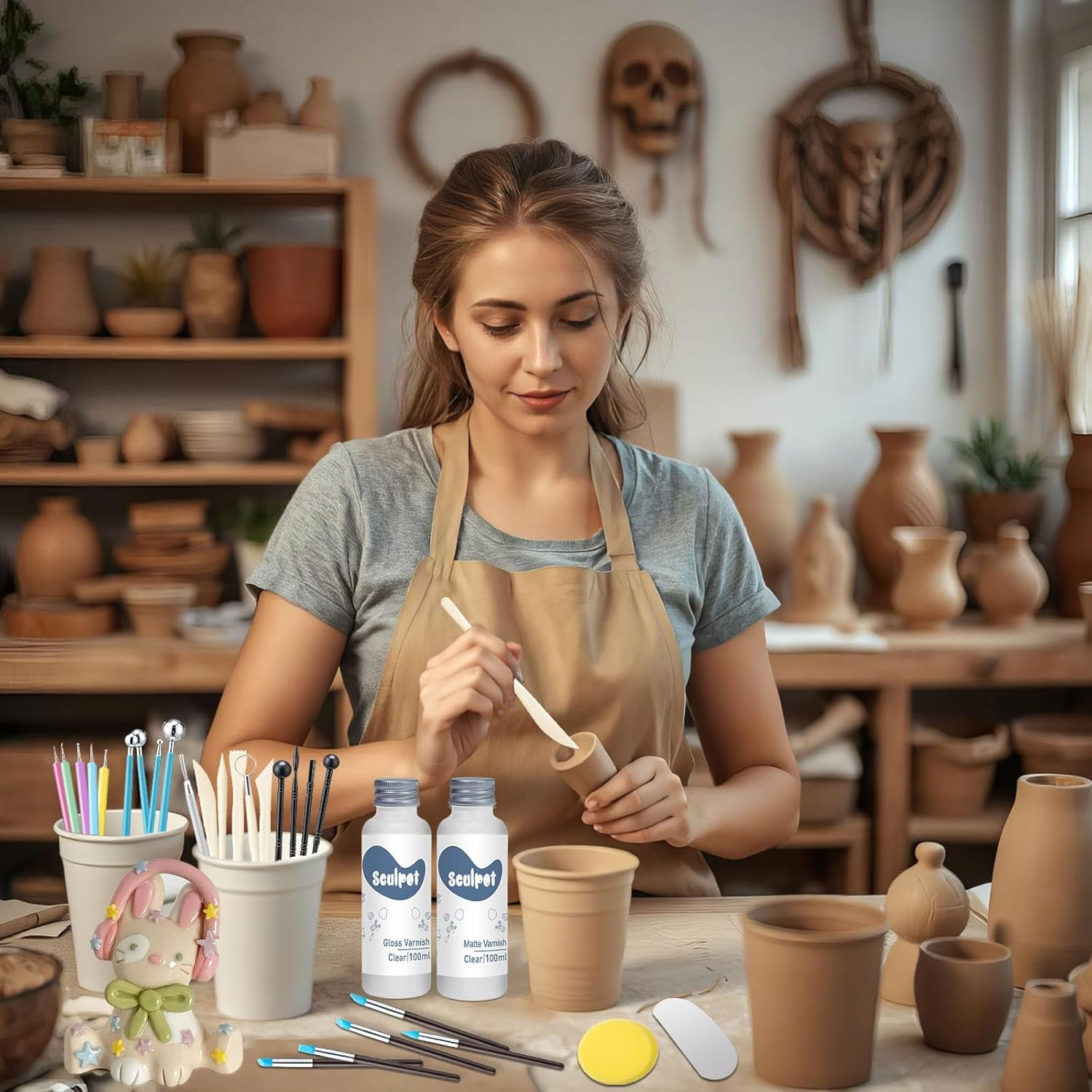 Air Dry Clay Varnish with Clay Tools Kit, 2 x 3.4 fl oz, Gloss & Matte Clay Glaze for High Luster Scratch Resistant, Waterproof, Pottery Polymer Clay Tool kit to Sculpting, Modeling, Shaping