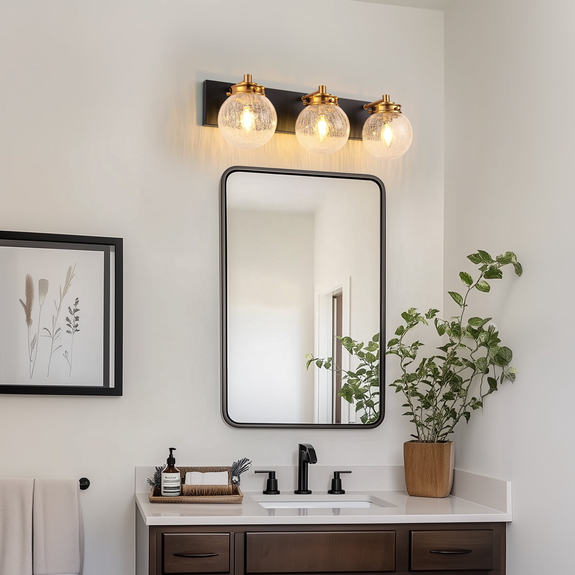 Bathroom Light Fixtures, Briignite 3-Light Vanity Light with Globe Glass Shades, Industrial Wall Sconces for Bathroom, Black and Gold