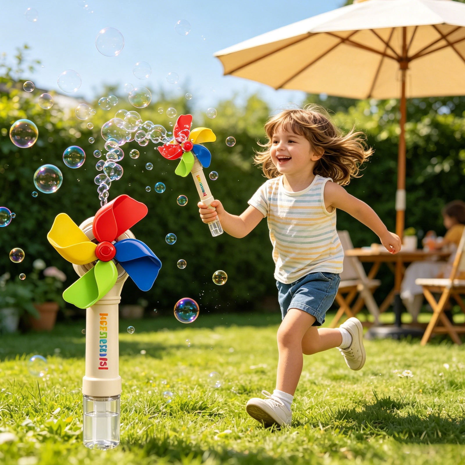 VKLU 2 Pack Windmill Bubble Machine Set, USB Rechargeable Bubble Blower with Colorful Lights, Leak-Proof Handheld Bubble Wand for Outdoor