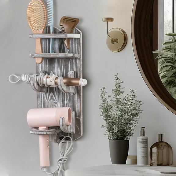 Bekitchen Hair Tool Organizer Wall Mount, Rustic Wooden Blowdryer Holder, Hair Dryer Holder For Bathroom, Hot Styling Tools Storage For Hair Dryer, Flat Iron, Curling Iron, Hair Straightener Brush