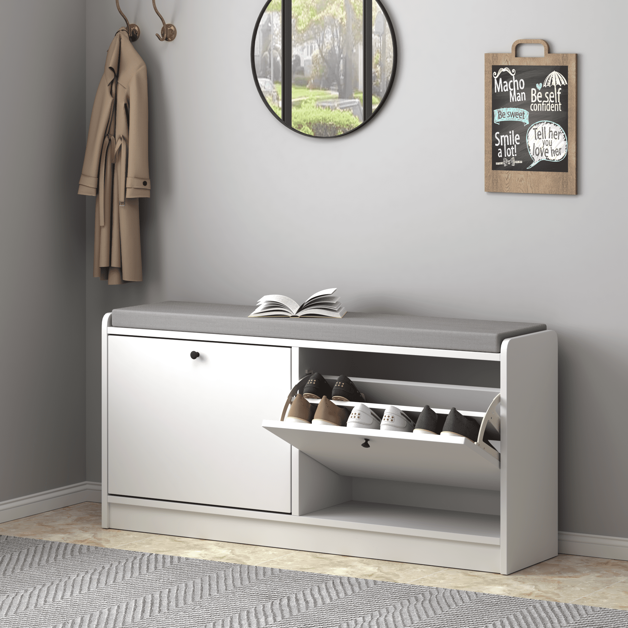 Shoe Storage Bench with Cushion, Entryway Bench with Storage, White MDF
