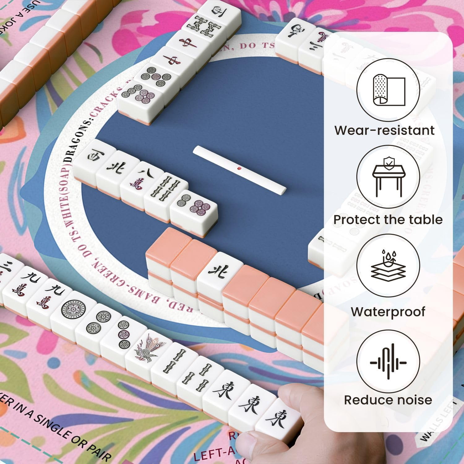 Mahjong Mat for Table Vibrant Floral Pink Blue Green Flowers 31.5" x 31.5" Suit American Mahjong Rule Non-Slip Noise-Reducing Game Mat for Poker Dominoes Hosting