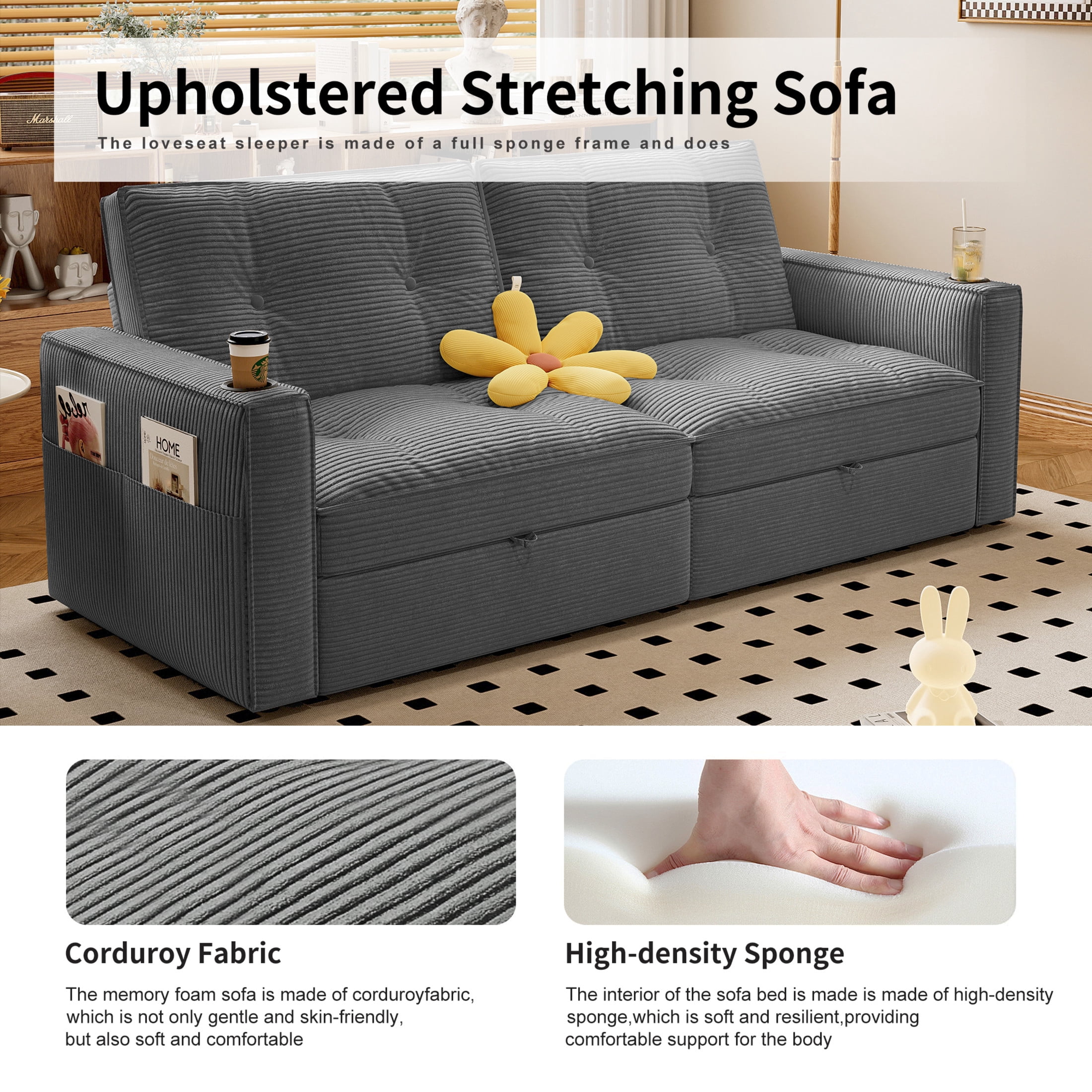 Noble House 2-in-1 Convertible Pull Out Sofa Bed with Adjustable Backrest, 73" Modern Corduroy Sleeper Couch, Gray