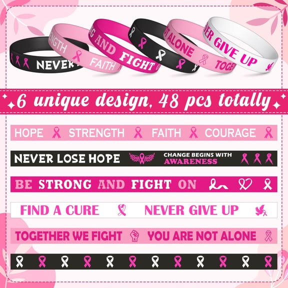 48Pcs Breast Cancer Awareness Silicone Bracelets Set Motivational Rubber Wristbands for Women Girls